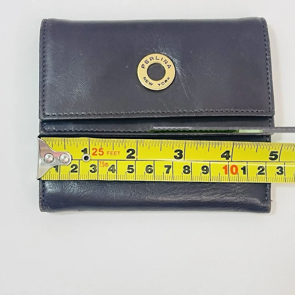 Perlina New York Brown Leather Double Snap Wallet Change Purse Tri-Fold‎ 5